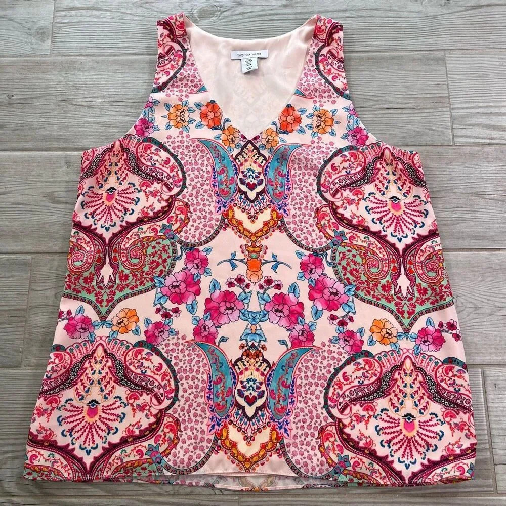 Tabitha Webb Womens Pink Multicolor Paisley Print V-Neck Tank Top‎ Size Medium